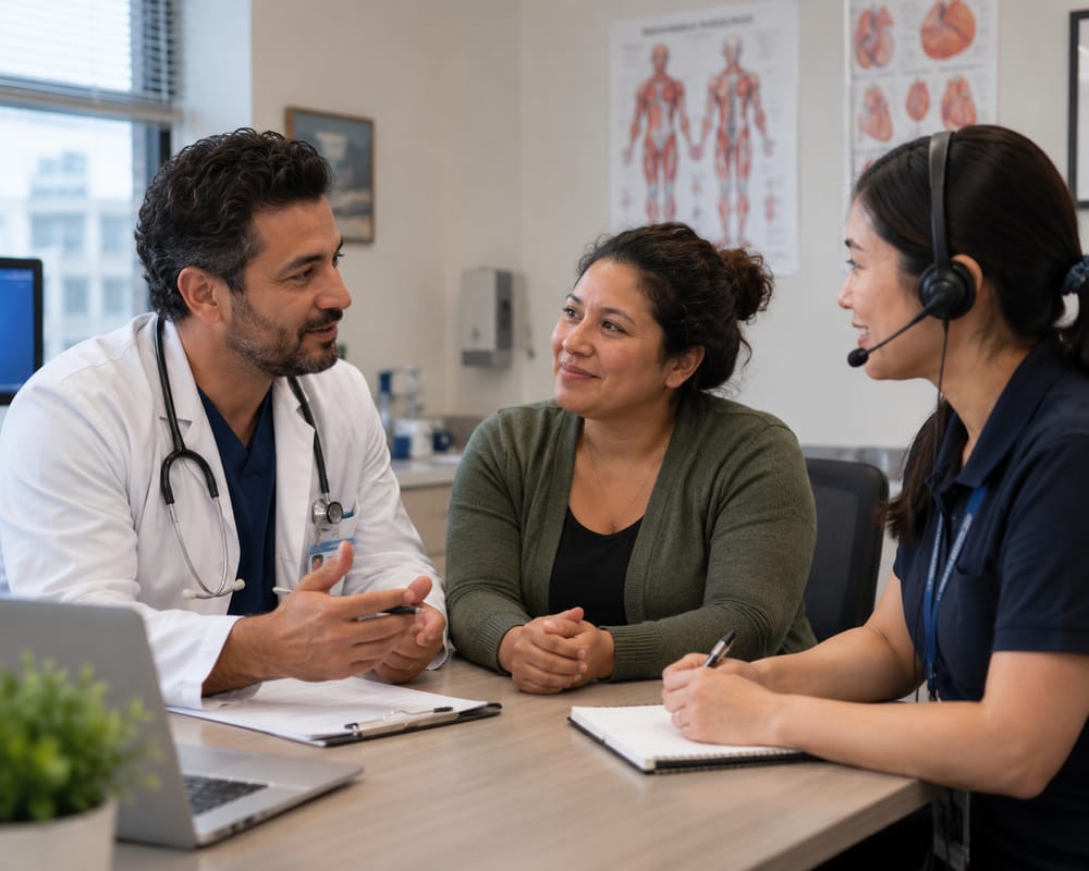 Clinician and interpreter reviewing patient information together