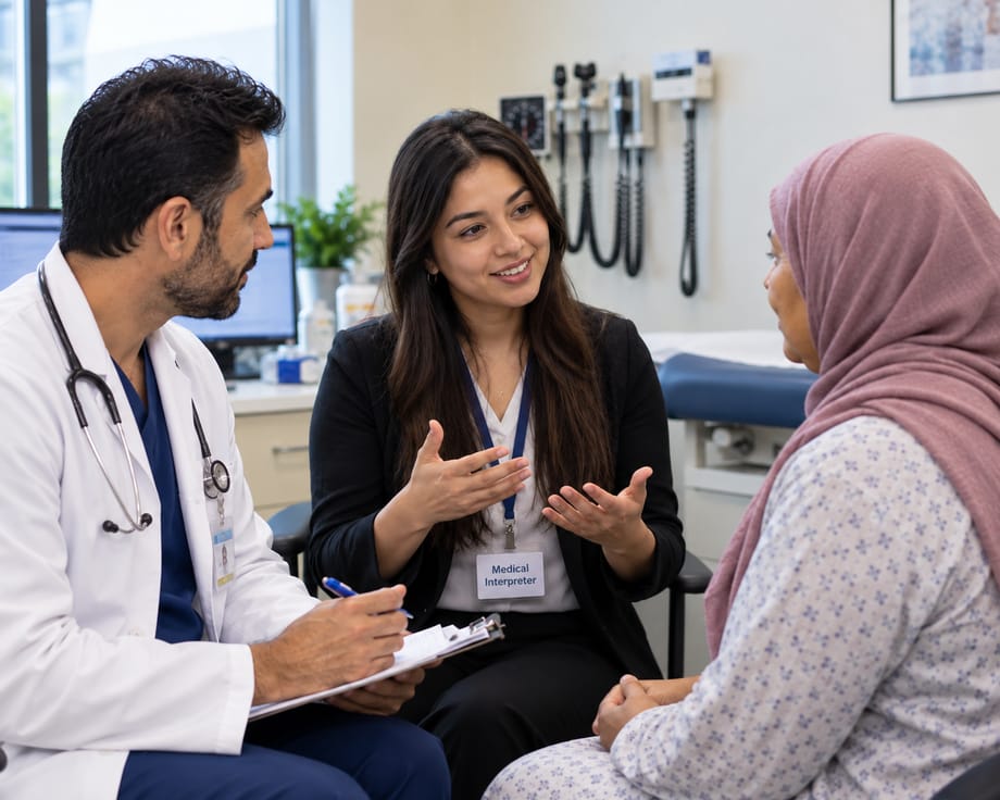 Medical interpreter supporting a doctor and patient during a clinical consultation