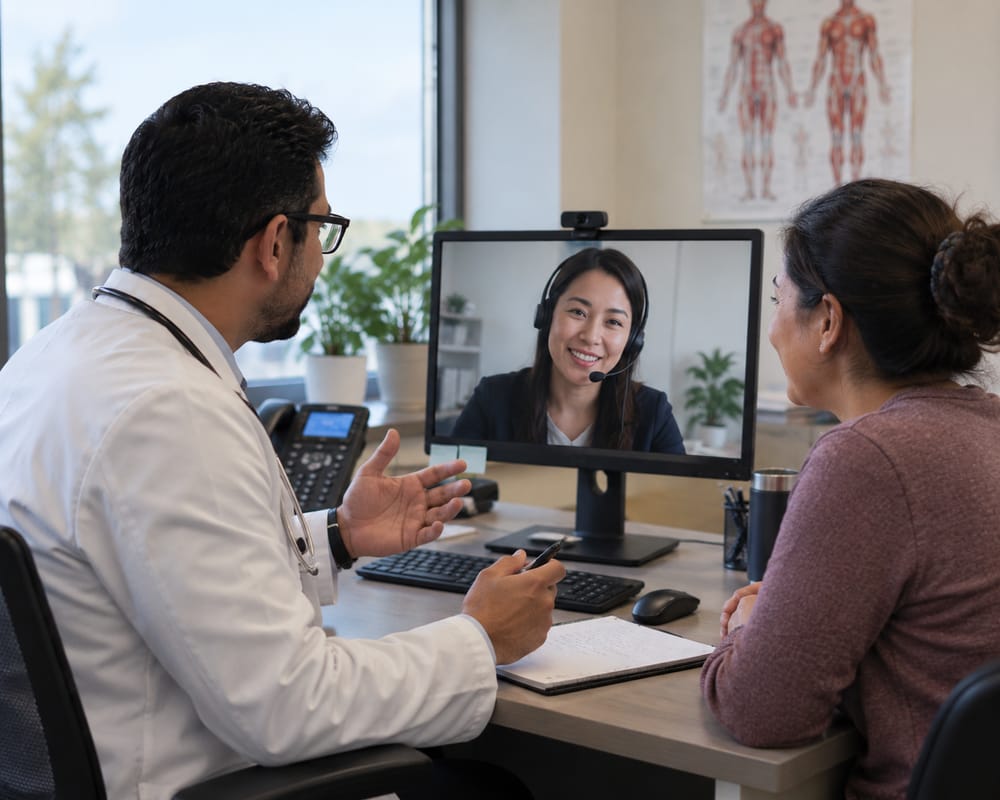 A doctor and patient in a clinic speaking with a remote interpreter who appears on a video-call screen